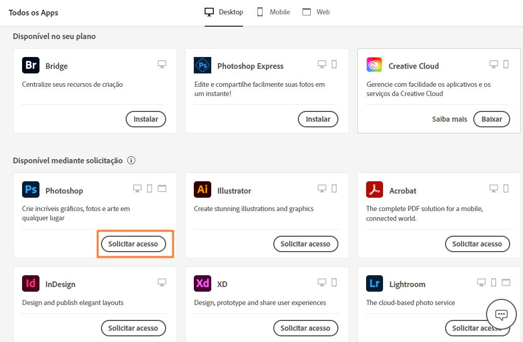 Aplicativo de desktop da Creative Cloud com o botão Solicitar acesso destacado