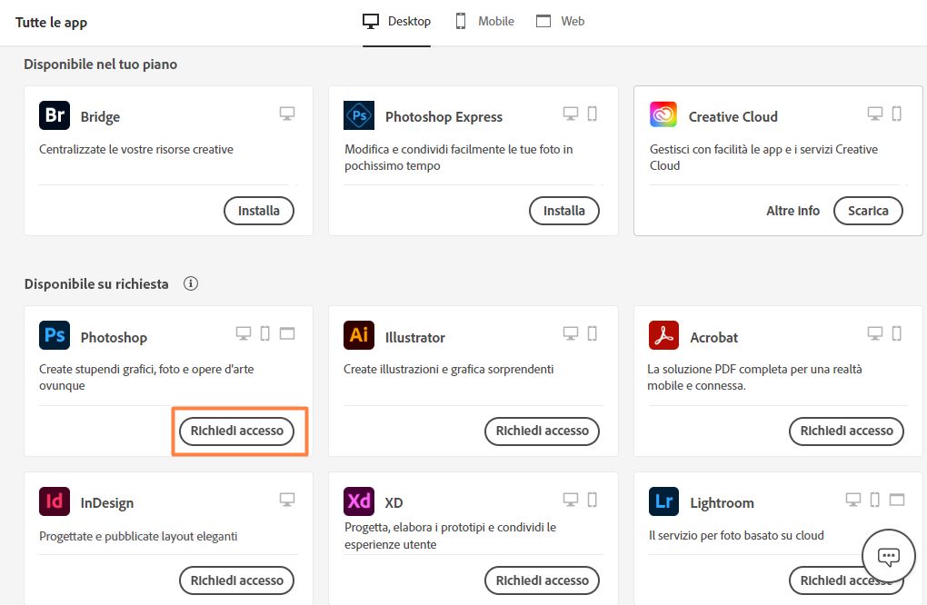 App desktop Creative Cloud con il pulsante Richiedi l'accesso evidenziato