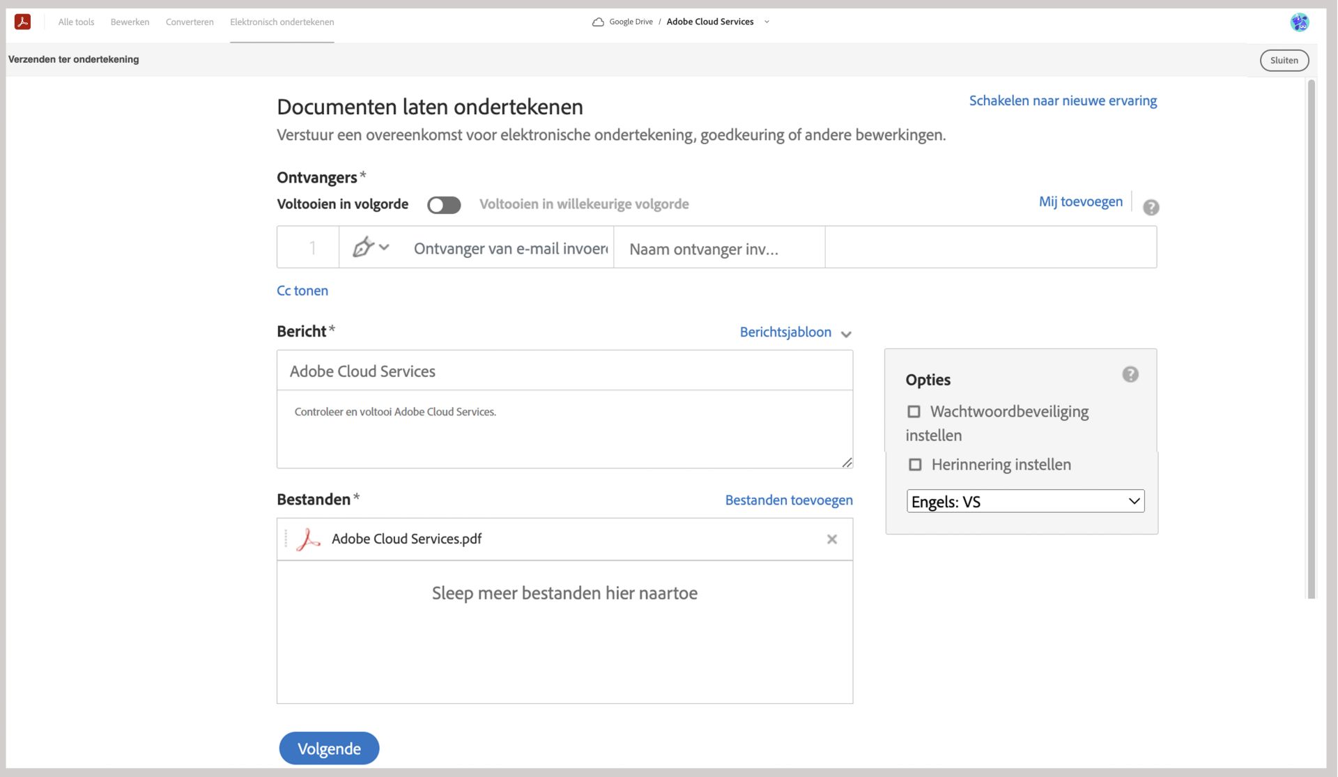 Startpagina voor Verzenden ter ondertekening