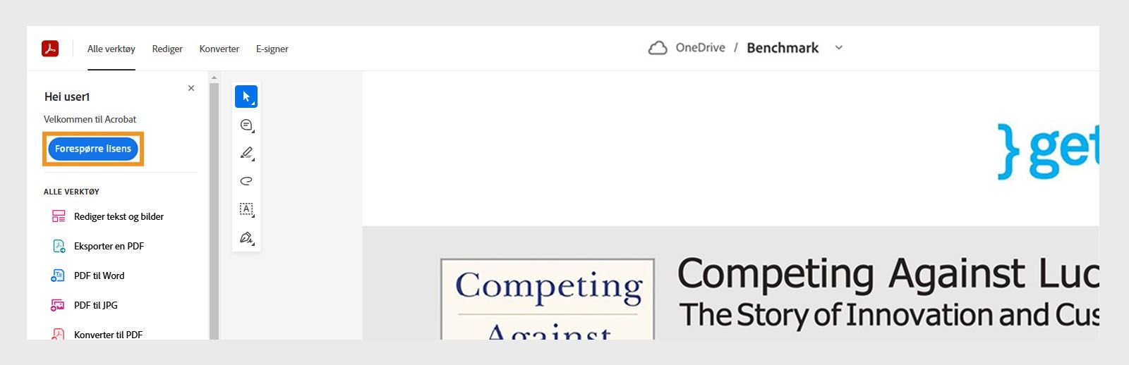 Acrobat for SharePoint og OneDrive-grensesnitt med en Be om lisens-knapp uthevet.