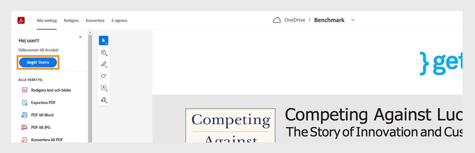 Gränssnittet Acrobat för SharePoint och OneDrive med knappen Begär licens markerad.