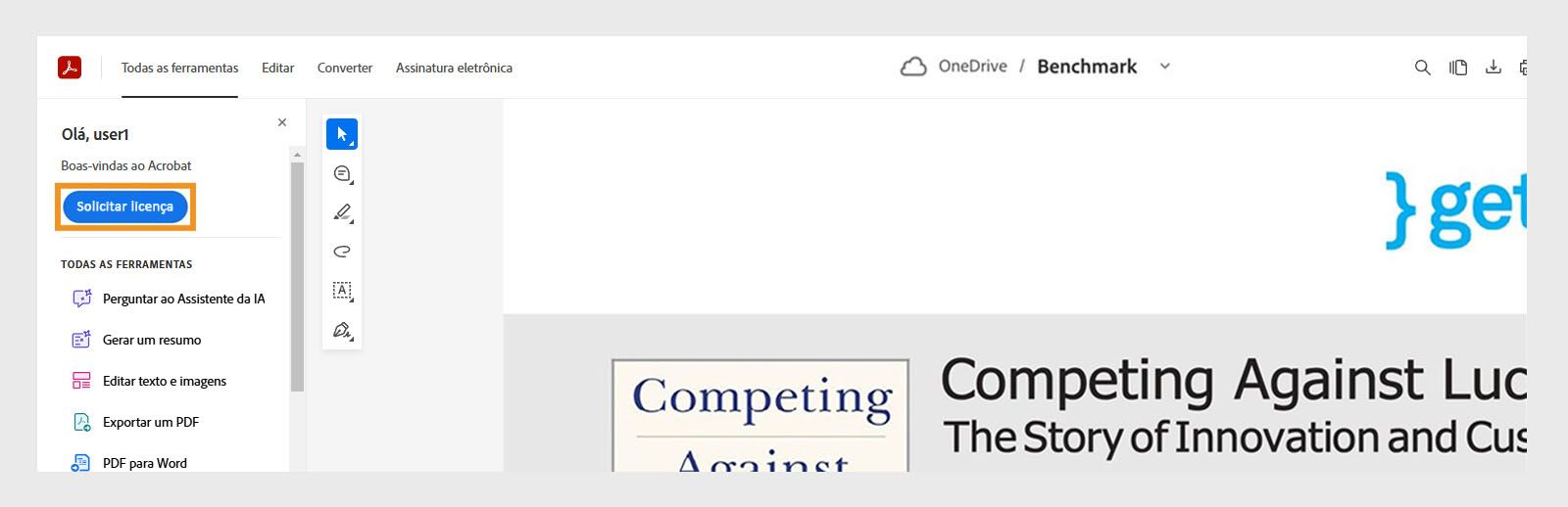 Interface do Acrobat para SharePoint e OneDrive com um botão “Solicitar licença” realçado.