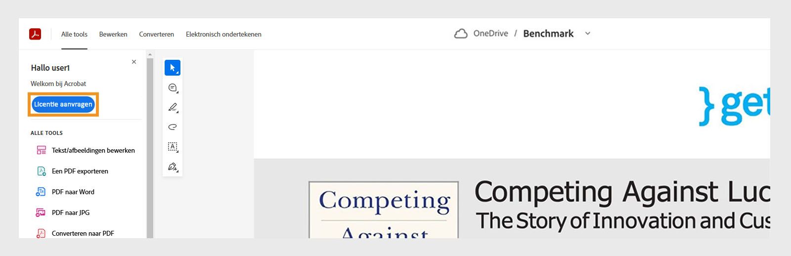 De interface van Acrobat voor SharePoint en OneDrive met de knop Licentie aanvragen gemarkeerd.