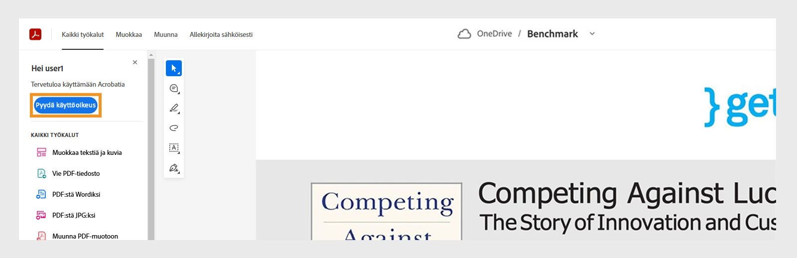 Acrobat for SharePointin ja OneDriven käyttöliittymä, jossa on korostettuna Pyydä lisenssi -painike.