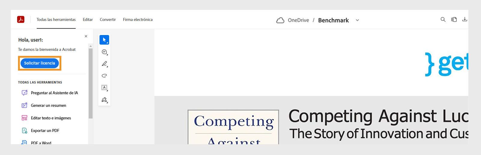 Interfaz de Acrobat para SharePoint y OneDrive con el botón Solicitar licencia resaltado.