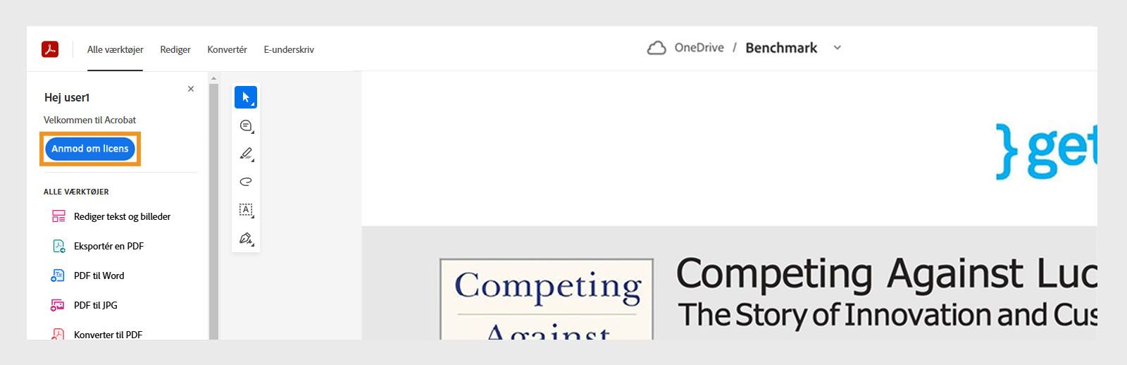 Acrobat til SharePoint- og OneDrive-grænseflade med knappen Anmod om licens fremhævet.