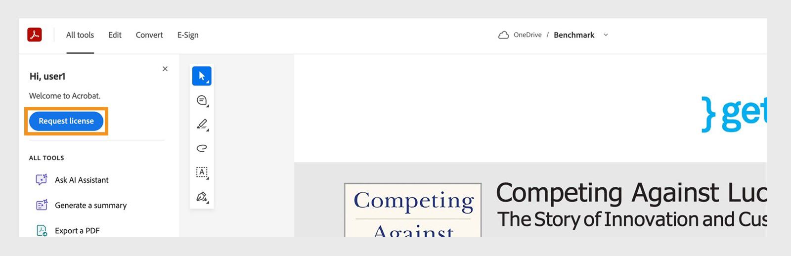 Acrobat para sa SharePoint at OneDrive interface na may naka-highlight na Request license button.