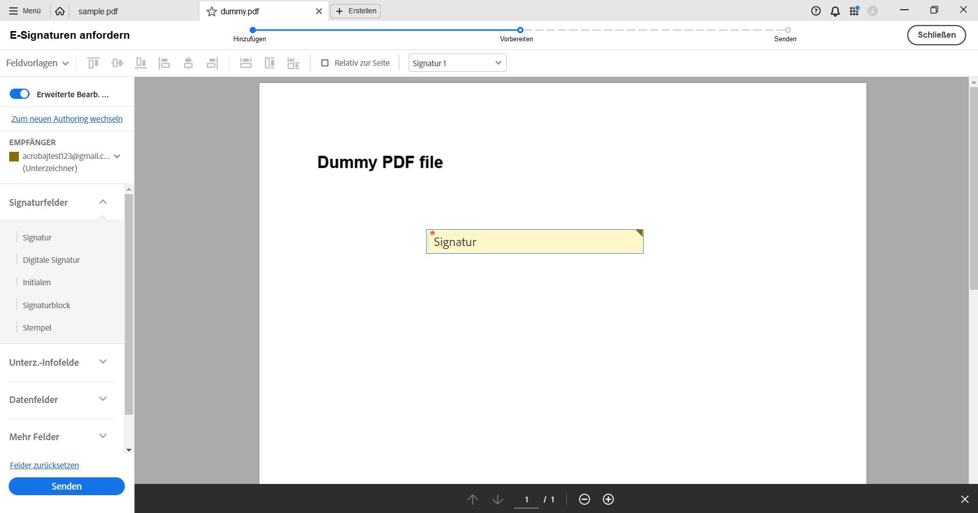 Füge signaturspezifische Felder hinzu.