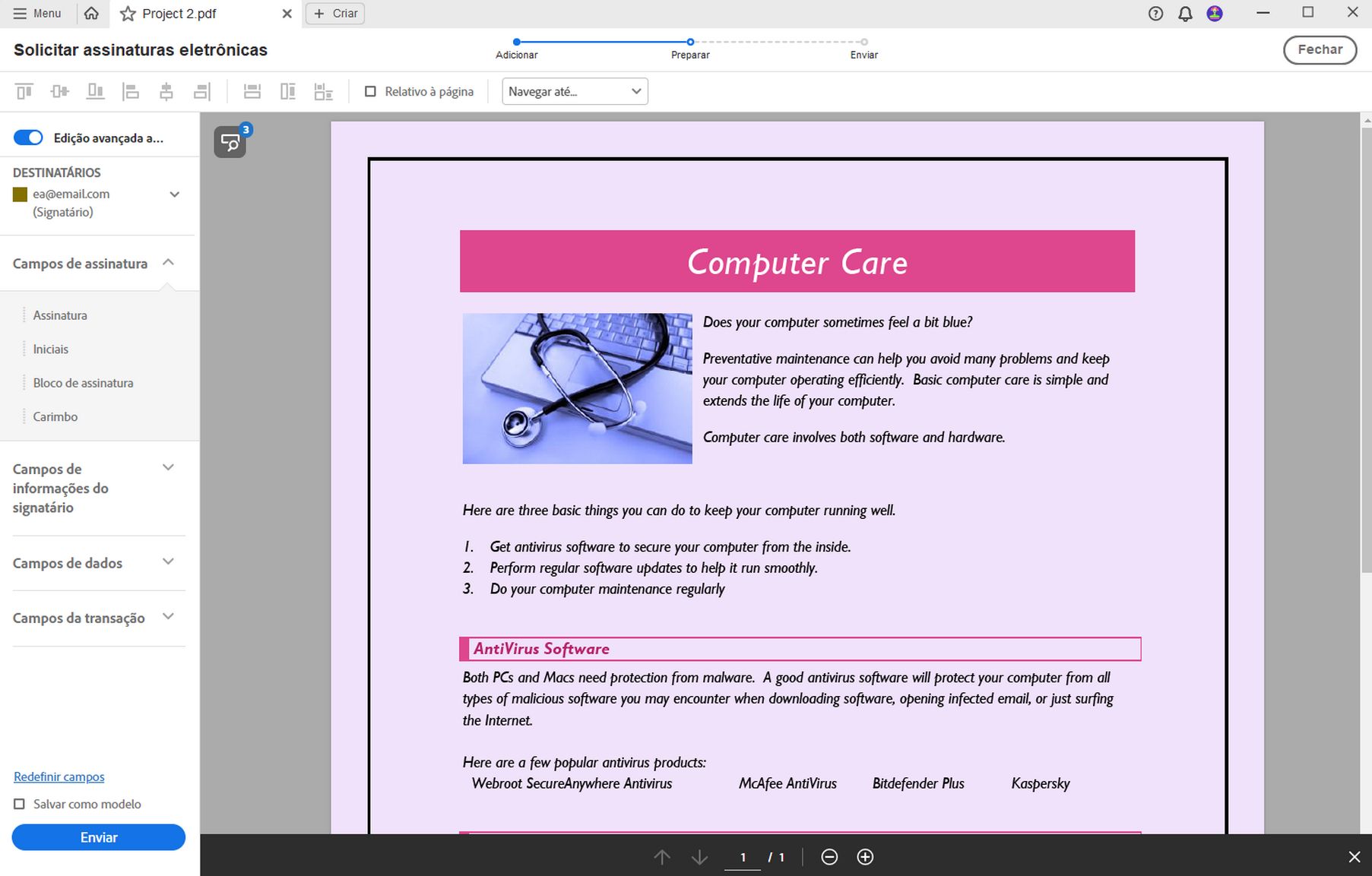 Adicionar campos de assinatura.