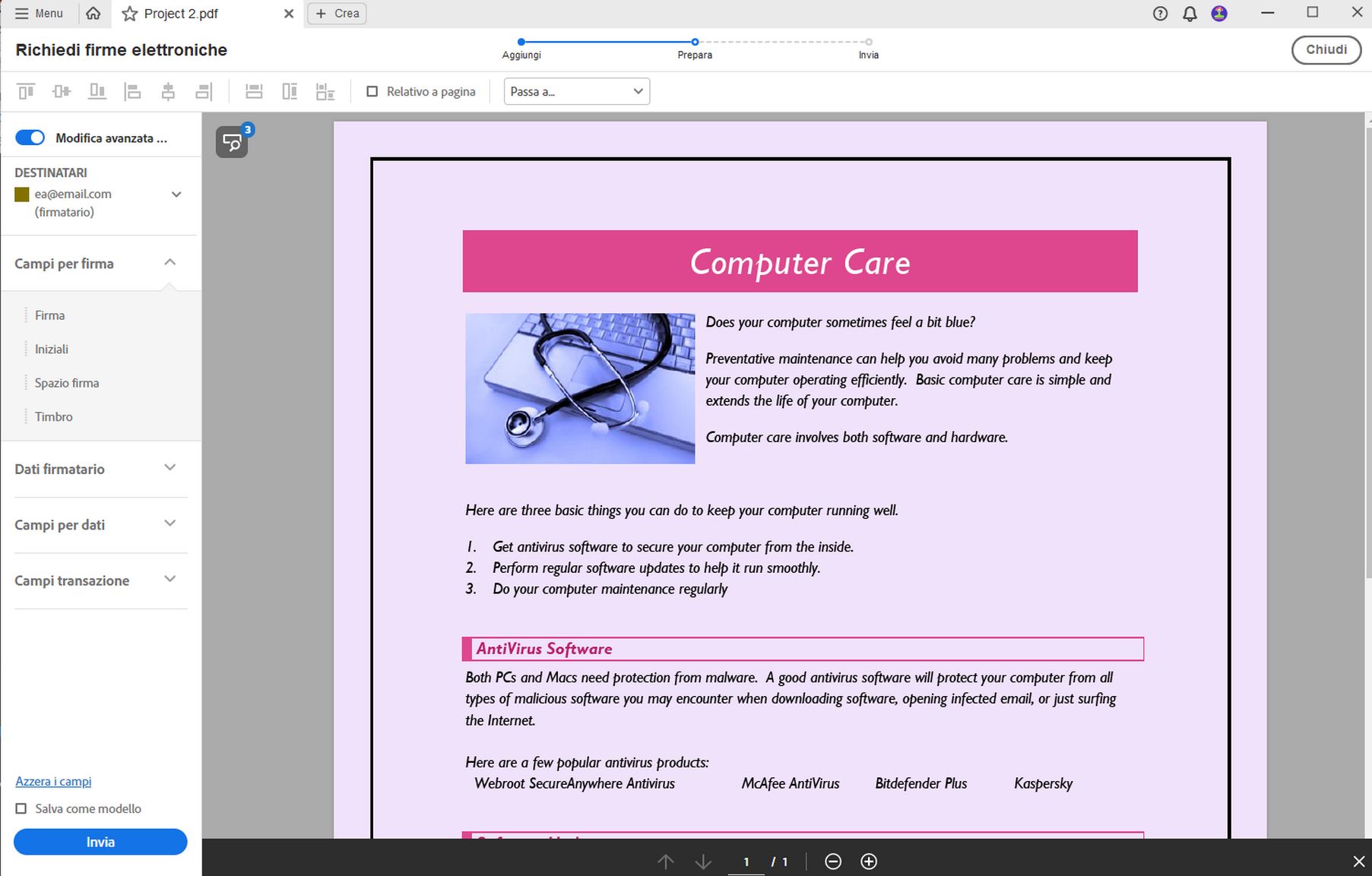 Aggiungere campi per la firma.