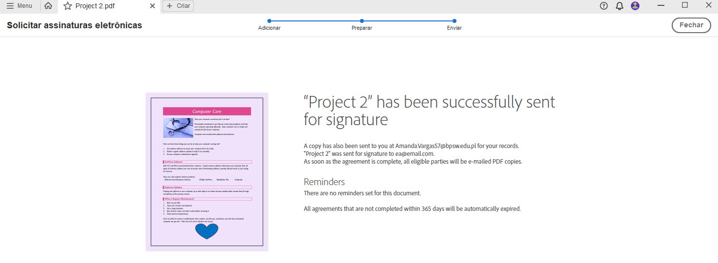 Mensagem de confirmação de contrato enviado.