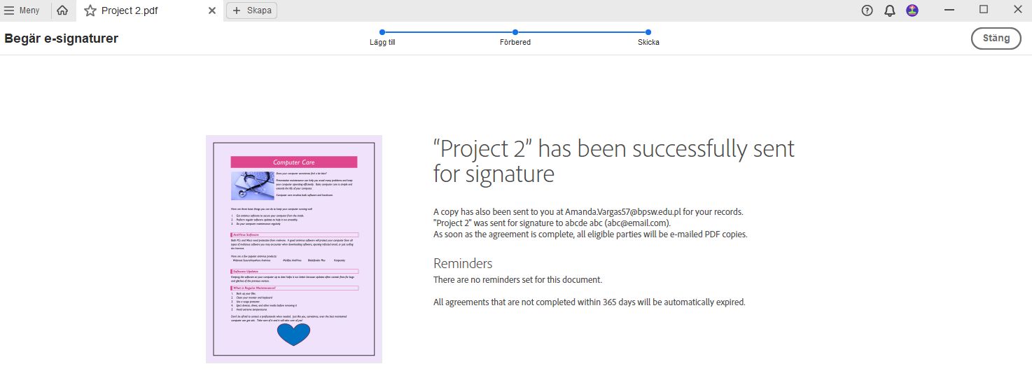 Bekräftelsemeddelande för skickat avtal.