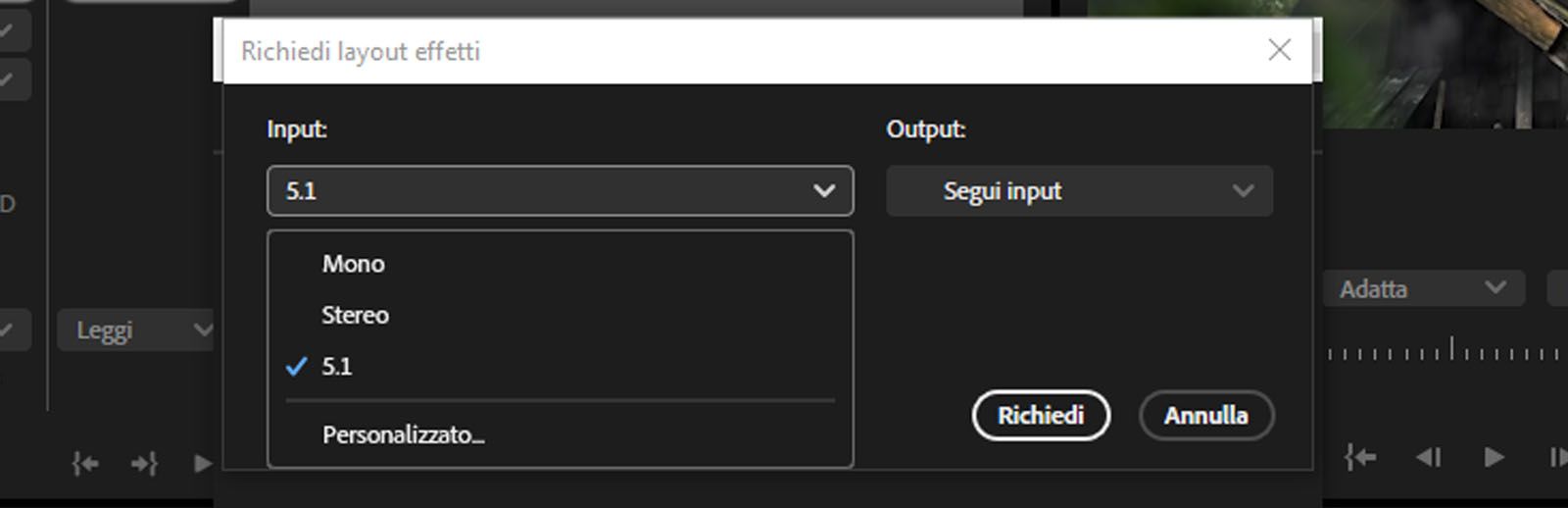 La finestra di dialogo Richiedi layout effetti è aperta con un’opzione per selezionare un input dal menu a discesa
