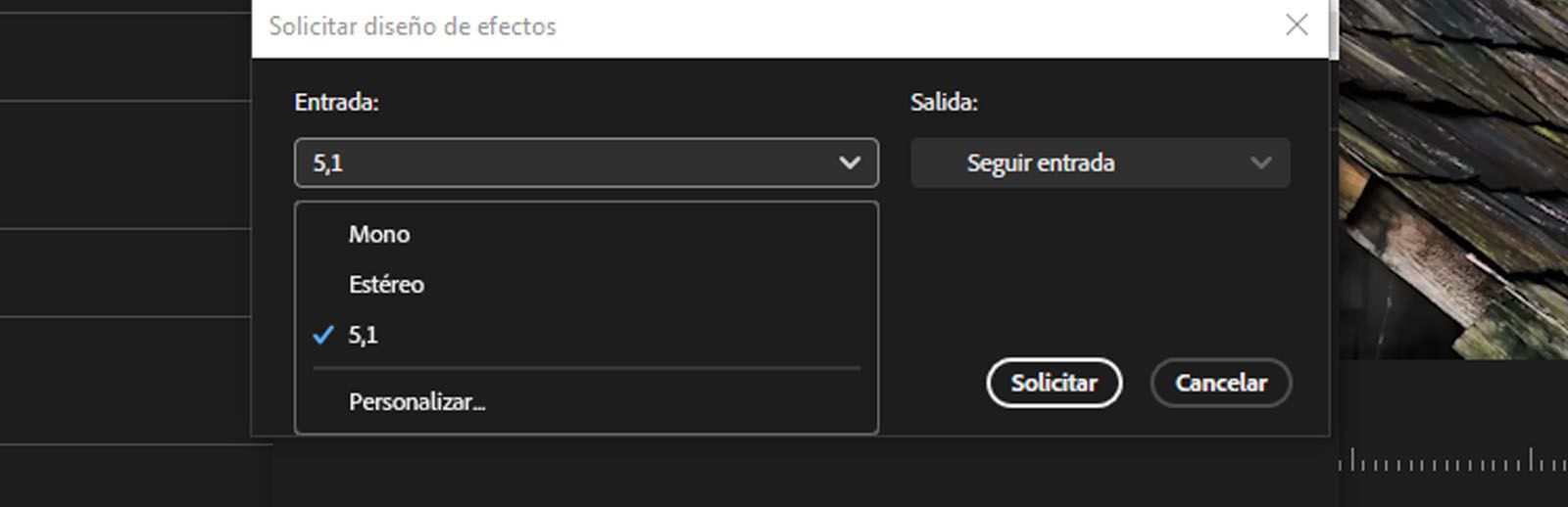 Se abre el cuadro de diálogo Solicitar diseño de efectos con la opción de seleccionar una entrada en el menú desplegable