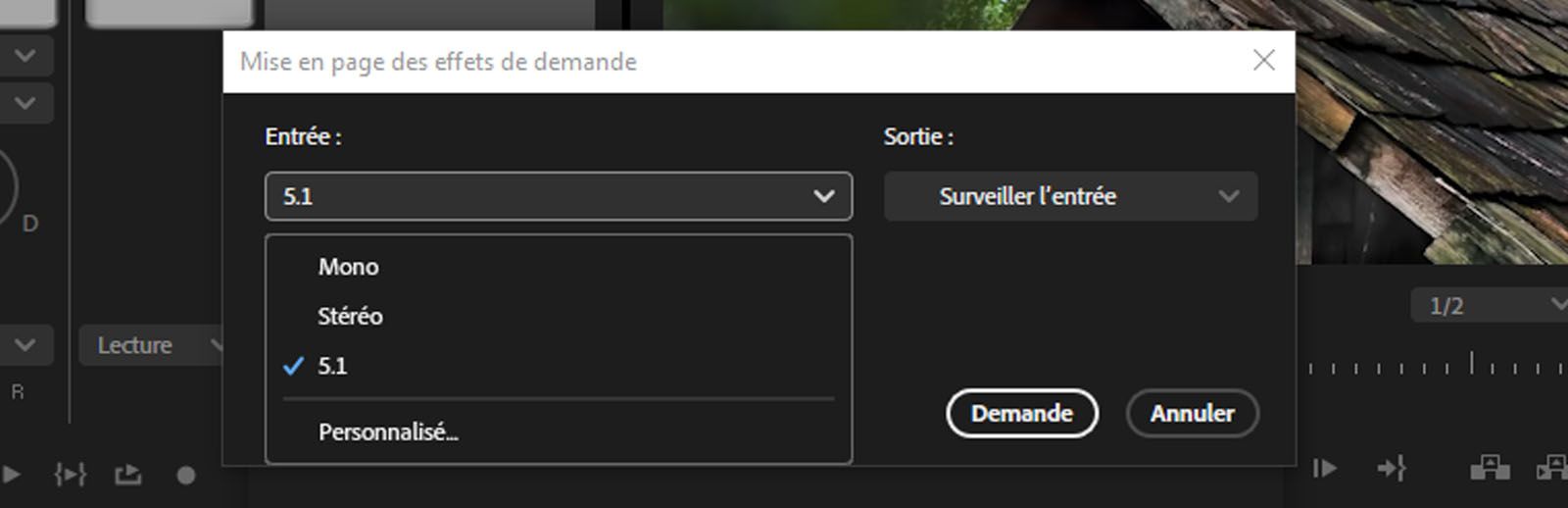 La boîte de dialogue Demander une disposition d’effet s’ouvre avec une option permettant de sélectionner une entrée dans le menu déroulant.
