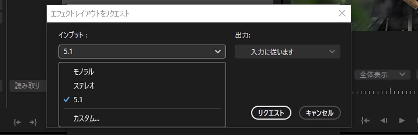 リクエストエフェクトレイアウトダイアログが開き、ドロップダウンメニューから入力を選択するオプションが表示されます