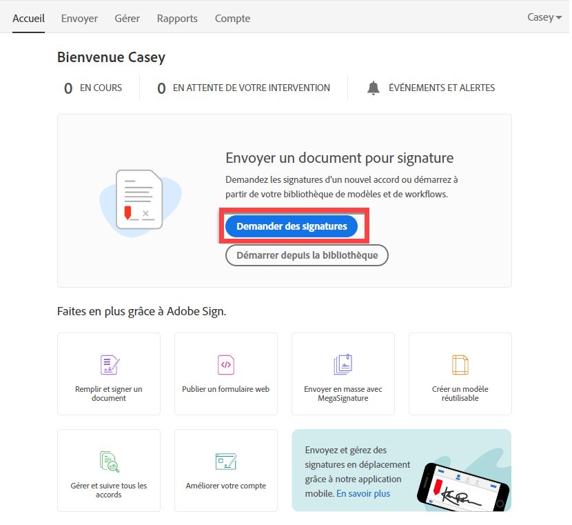 Page d’accueil, demander des signatures
