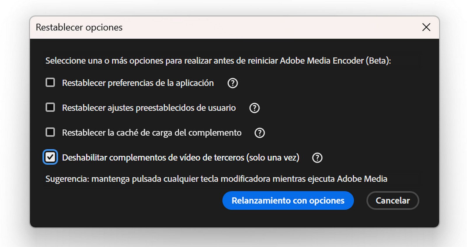 El cuadro de diálogo Restablecer opciones está abierto y tiene opciones para restablecer las preferencias, los ajustes preestablecidos, la caché de complementos y desactivar los complementos de terceros. Incluye una sugerencia sobre la tecla Mayús y los botones Volver a iniciar con opciones y Cancelar.