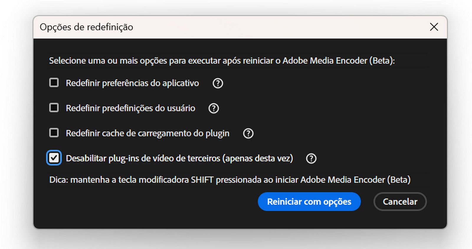 A caixa de diálogo “Opções de redefinição” está aberta, com as opções de redefinir preferências, predefinições, cache de plug-ins e desabilitação de plug-ins de terceiros. Inclui uma dica com a tecla Shift e os botões “Reiniciar com opções” e “Cancelar”.