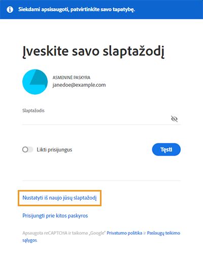 Slaptažodžio nustatymas iš naujo