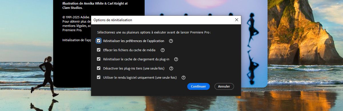 Lancement de la boîte de dialogue des options de réinitialisation (Il existe différentes options pour lancer Premiere Pro, telles que Réinitialiser les préférences de l'appli, Effacer les fichiers du cache de médias et Réinitialiser le cache de chargement des plug-ins).