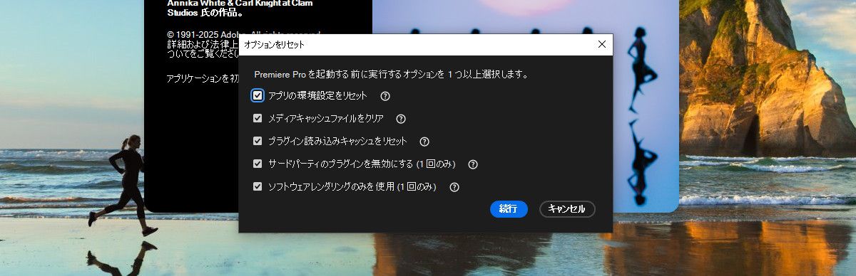 オプションをリセットダイアログボックスが起動し、「アプリの環境設定をリセット」、「メディアキャッシュファイルを消去」、「プラグイン読み込みキャッシュをリセット」など、Premiere Pro の起動を実行する様々なオプションがあります。