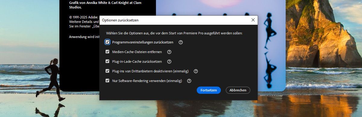 Das Dialogfeld „Optionen zurücksetzen“ wird geöffnet. Es gibt verschiedene Optionen zum Starten von Premiere Pro, wie z. B. „Programmvoreinstellungen zurücksetzen“, „Medien-Cache-Dateien entfernen“ und „Plug-in-Lade-Cache zurücksetzen“.