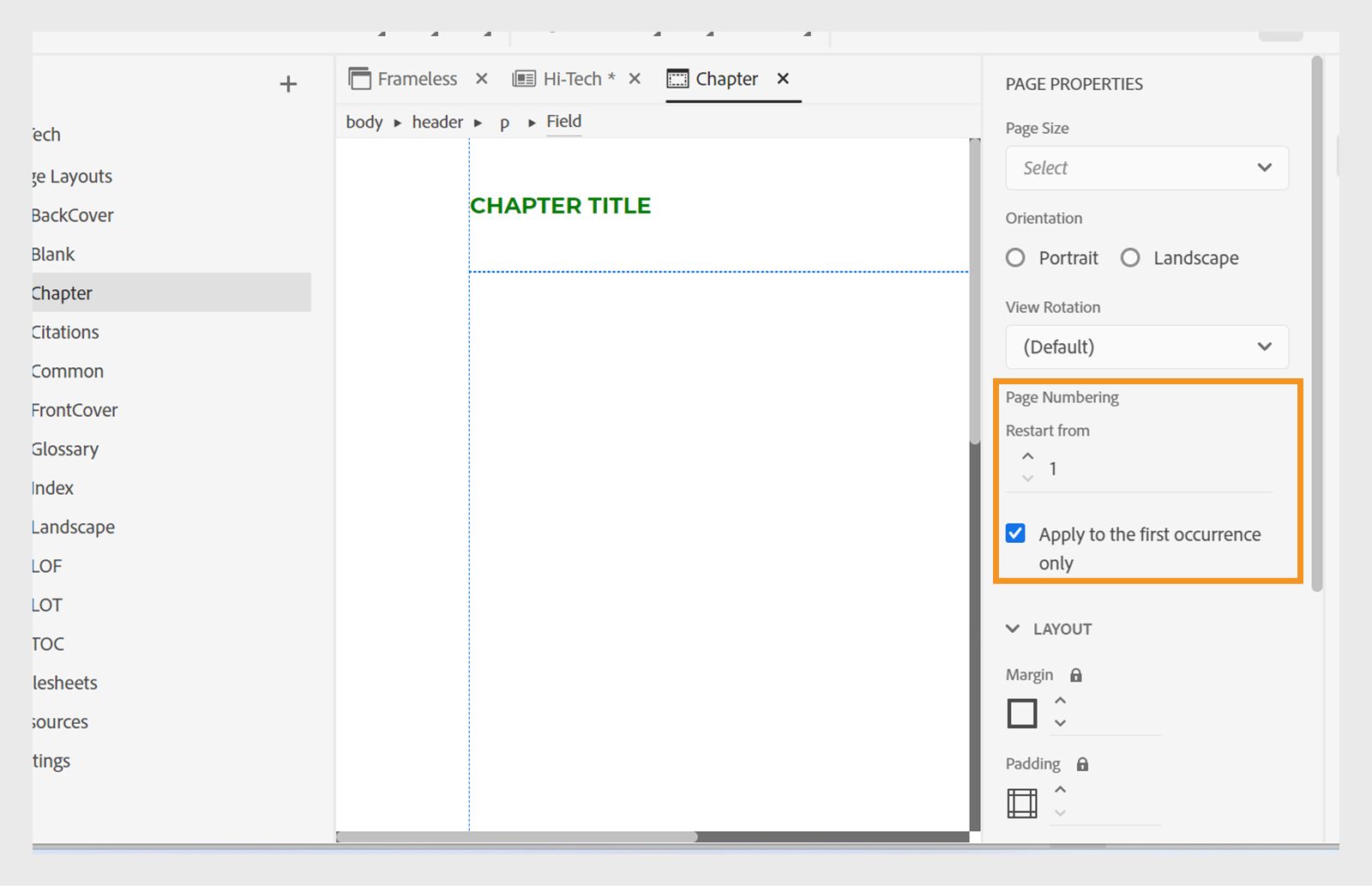 reset page numbering for first page of first chapter