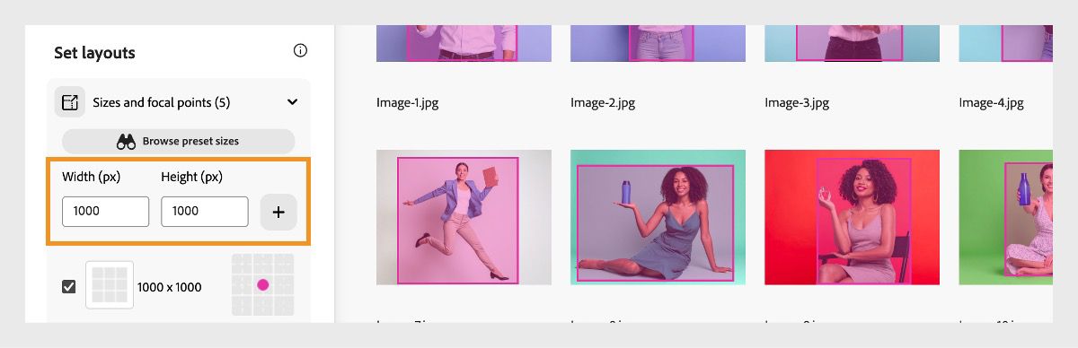 Dans la section Définir les mises en page, sous Tailles et points focaux, vous pouvez ajouter des dimensions personnalisées en spécifiant la largeur et la hauteur en pixels. Actuellement, une taille de 1 000 × 1 000 pixels a été ajoutée.