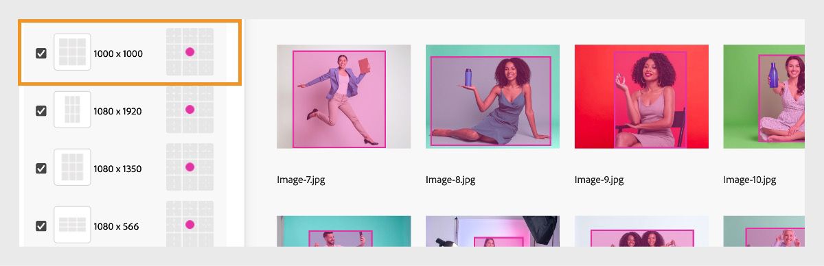 La disposition des compositions s’affiche pour chacune des images chargées et un point rose indique le point focal de l’image.