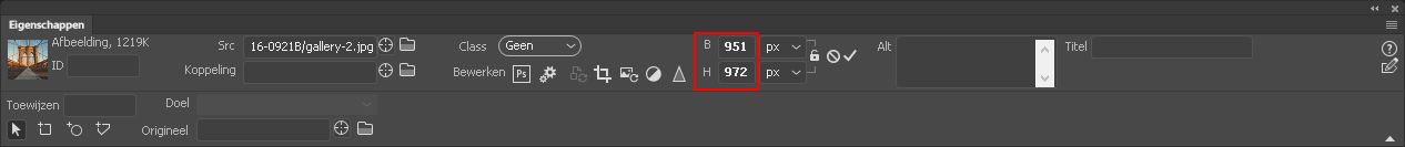 De breedte en hoogte van een element aanpassen met de eigenschappencontrole
