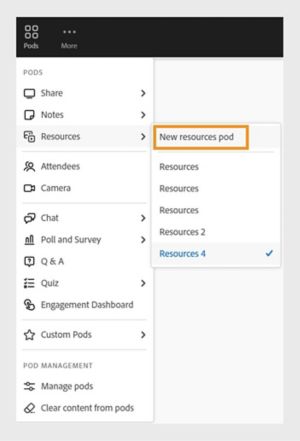 Pods menu showing the option of New Resources pod