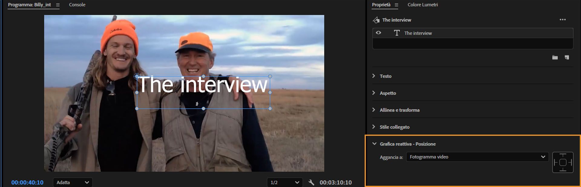 Interfaccia di Premiere Pro che mostra l’opzione Grafica reattiva - Posizione impostata per fissare il testo sul fotogramma video.