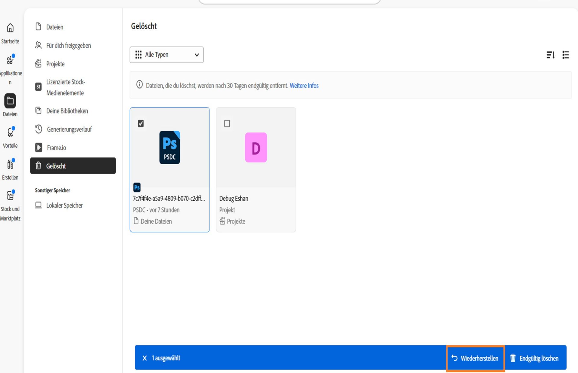 Das blaue Band, das unten angezeigt wird, wenn du deine Dateien auf der Registerkarte „Gelöscht“ auswählst, enthält eine Option zum Wiederherstellen deiner Cloud-Dokumente. 