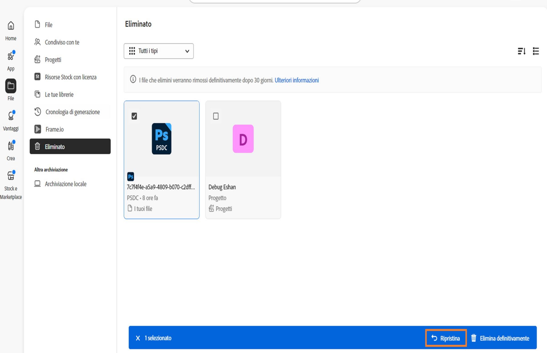 Il nastro blu, che appare in basso quando selezioni i tuoi file nella scheda Eliminati, fornisce l'opzione per ripristinare i tuoi documenti cloud. 
