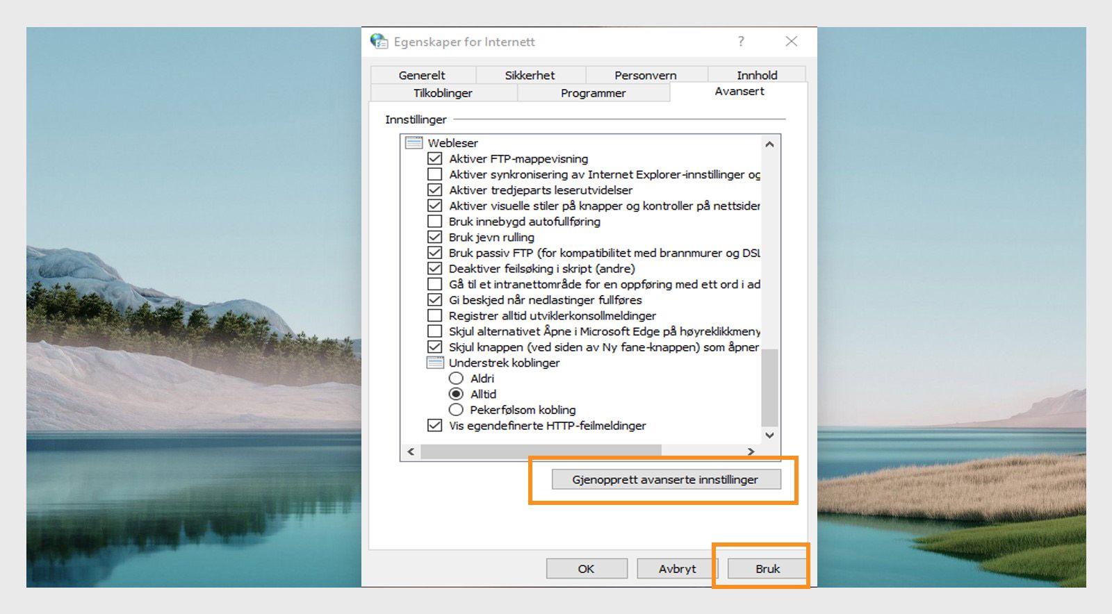 Vinduet Gjenopprett alternativer for Internett