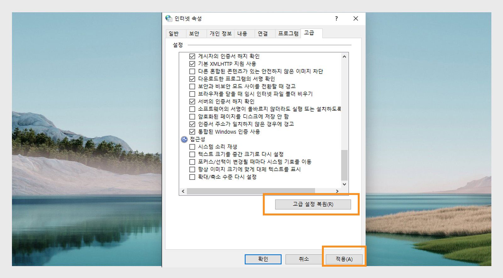 인터넷 옵션 창 복원