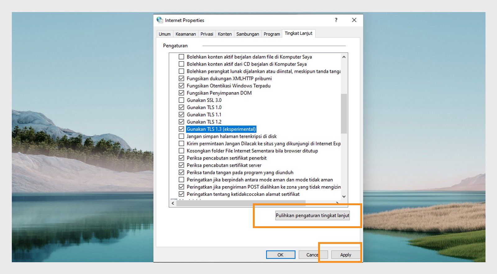 Pulihkan jendela Opsi Internet