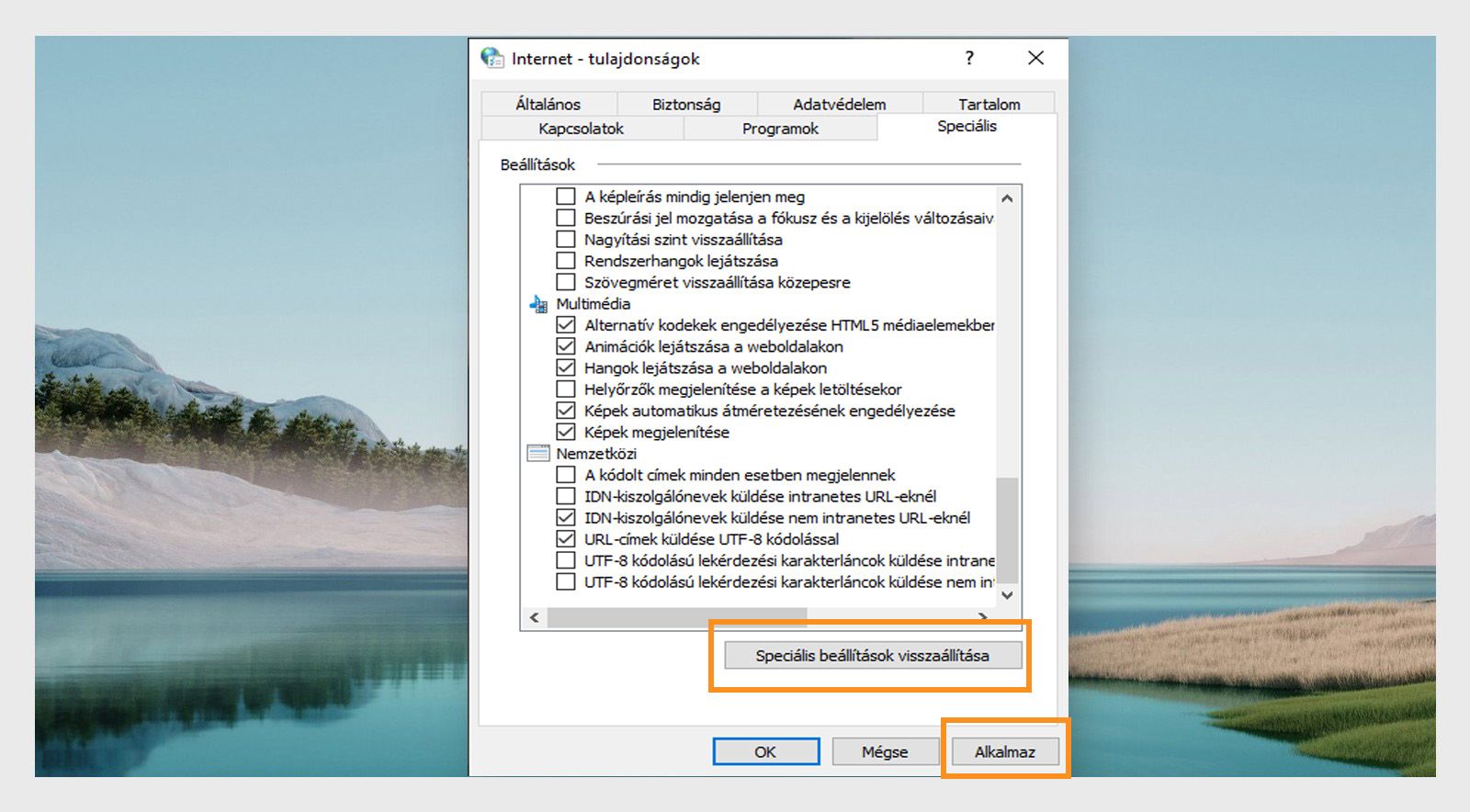 Internetbeállítások visszaállítása ablak