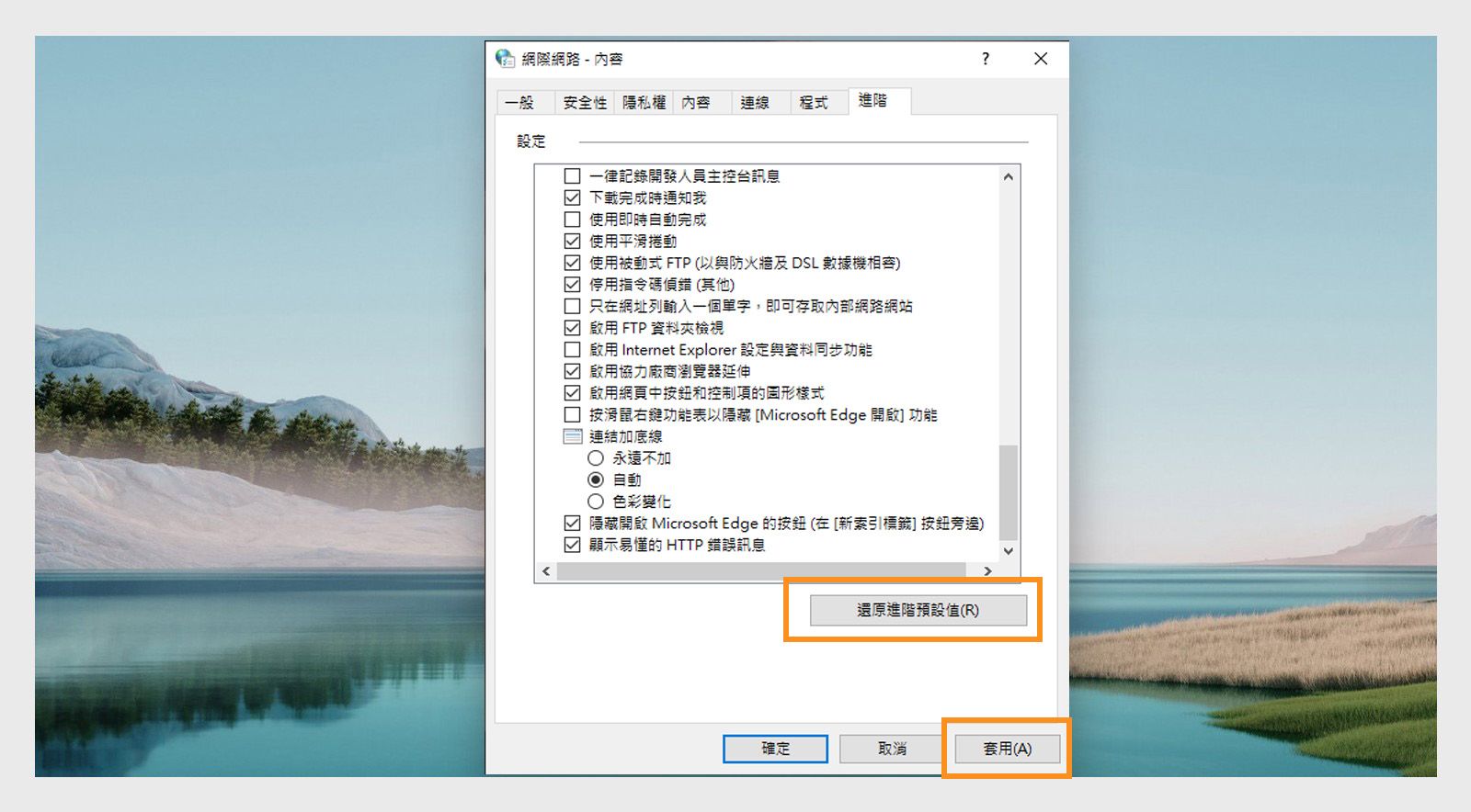 恢复 Internet 选项窗口