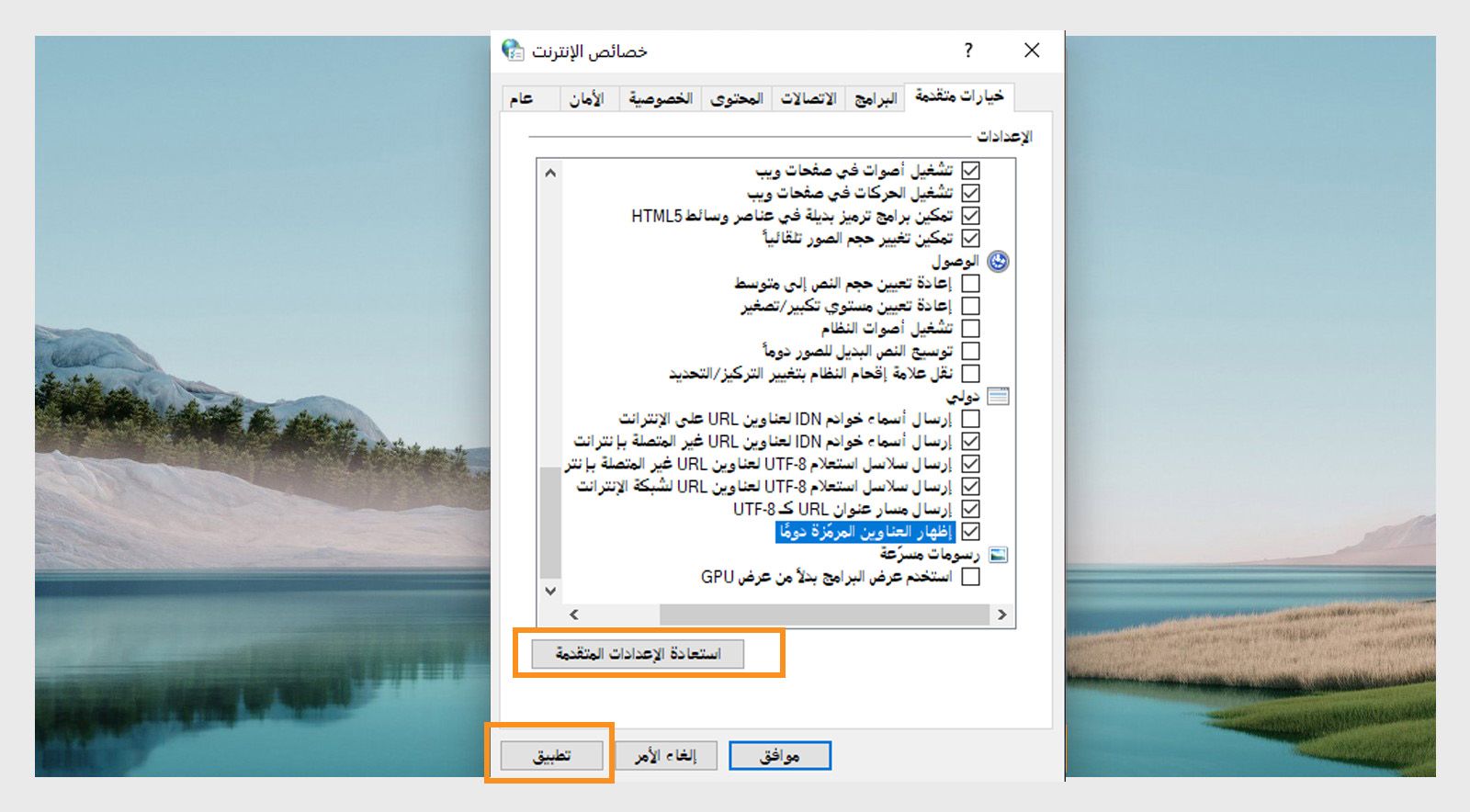 نافذة استعادة خيارات الإنترنت