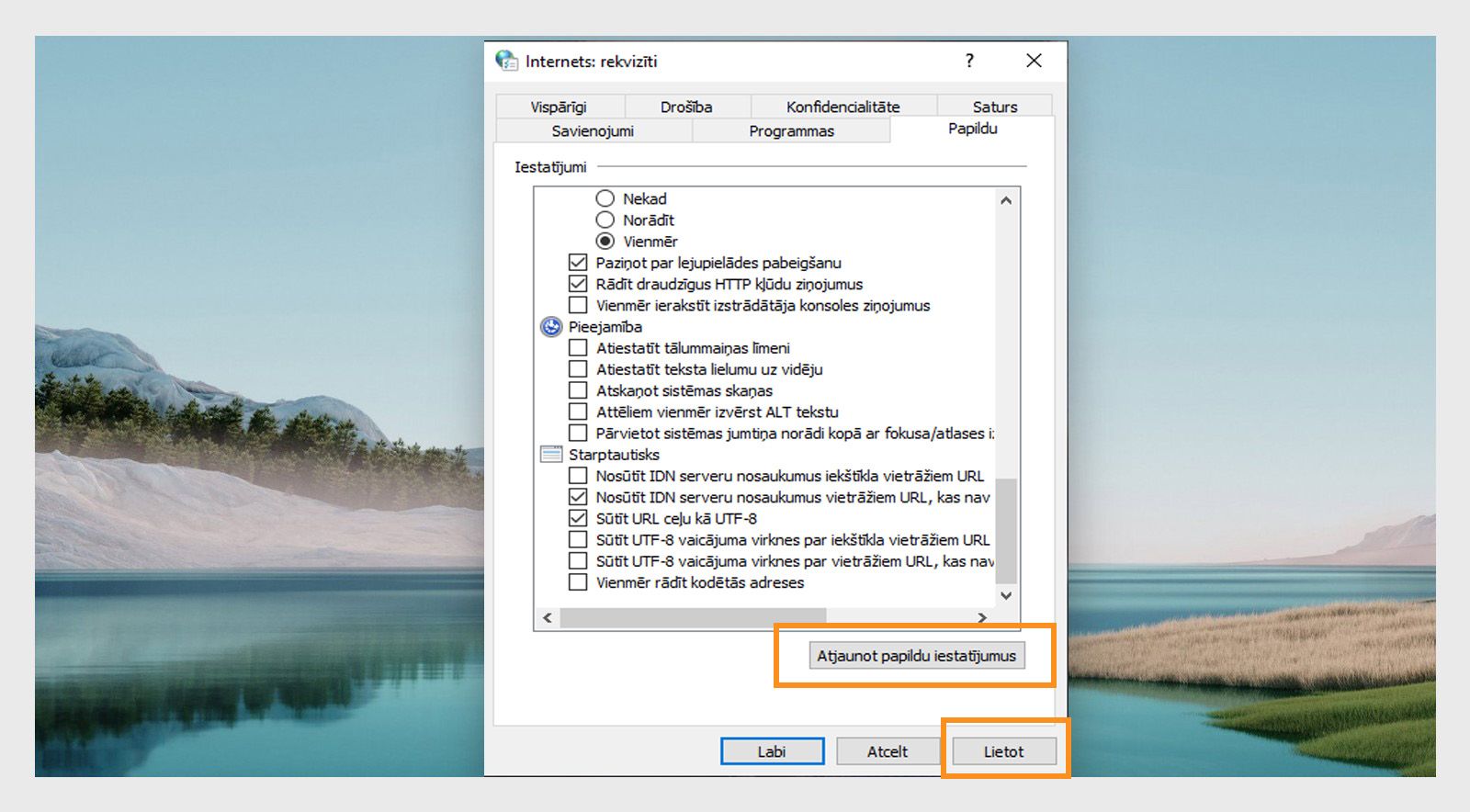 Interneta opciju atjaunošanas logs