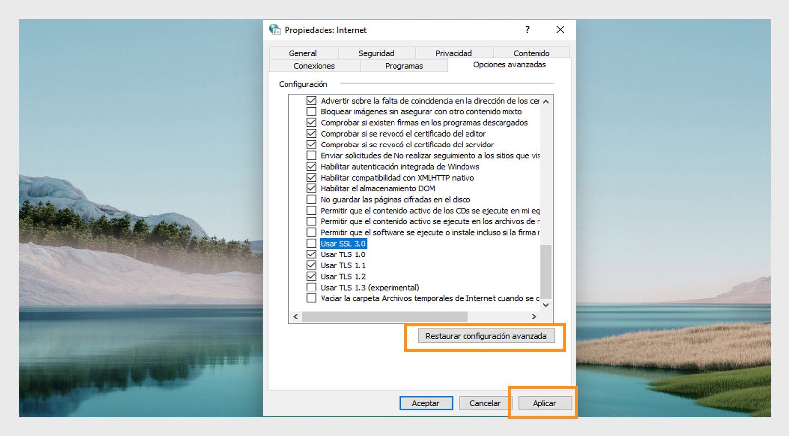 Restaurar la ventana de opciones de Internet
