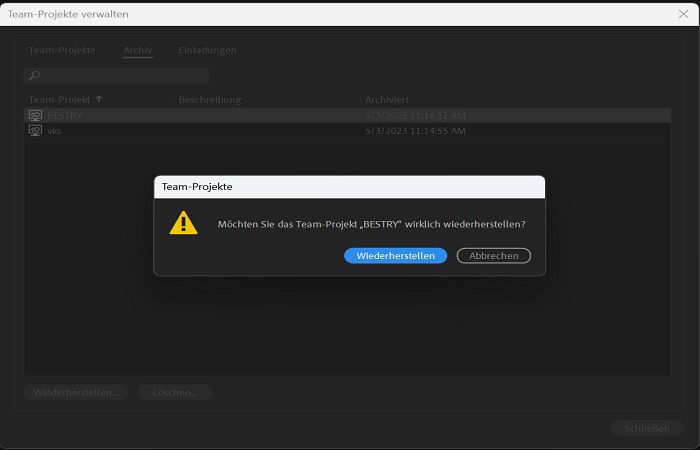 Ein Bestätigungsdialogfeld zum Archivieren eines Team-Projekts.