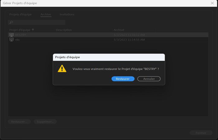 Boîte de dialogue de confirmation pour archiver un projet Team Projects.