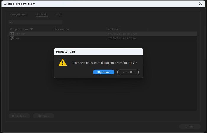 Finestra di dialogo di conferma per archiviare i progetti team.