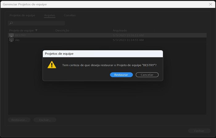 Uma caixa de diálogo de confirmação para arquivar um projeto de equipe.