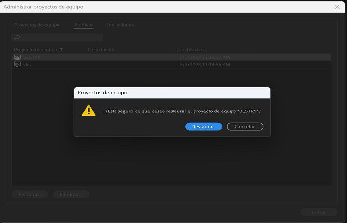 Un cuadro de diálogo de confirmación para archivar Proyectos de equipo.