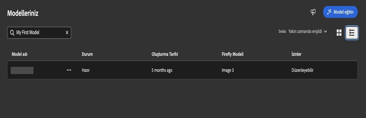 Firefly sayfasında &quot;Modelleriniz&quot; başlıklı bir bölüm ve çeşitli modelleri listeleyen bir tablo bulunur. Tabloda &quot;Ad&quot;, &quot;Durum&quot; ve &quot;Oluşturulma Tarihi&quot; sütunları bulunur. Gösterilen durumlar, oluşturulma tarihleriyle birlikte &quot;Yayınlanmış&quot; ve &quot;Hazır&quot;dır. Ayrıca öğeleri sıralama seçeneği mevcuttur; şu anda &quot;Değiştirilme durumuna göre sırala&quot; olarak ayarlanmıştır ve &quot;Image 2&quot; ile &quot;Image 3&quot; etiketli modelleri düzenler.