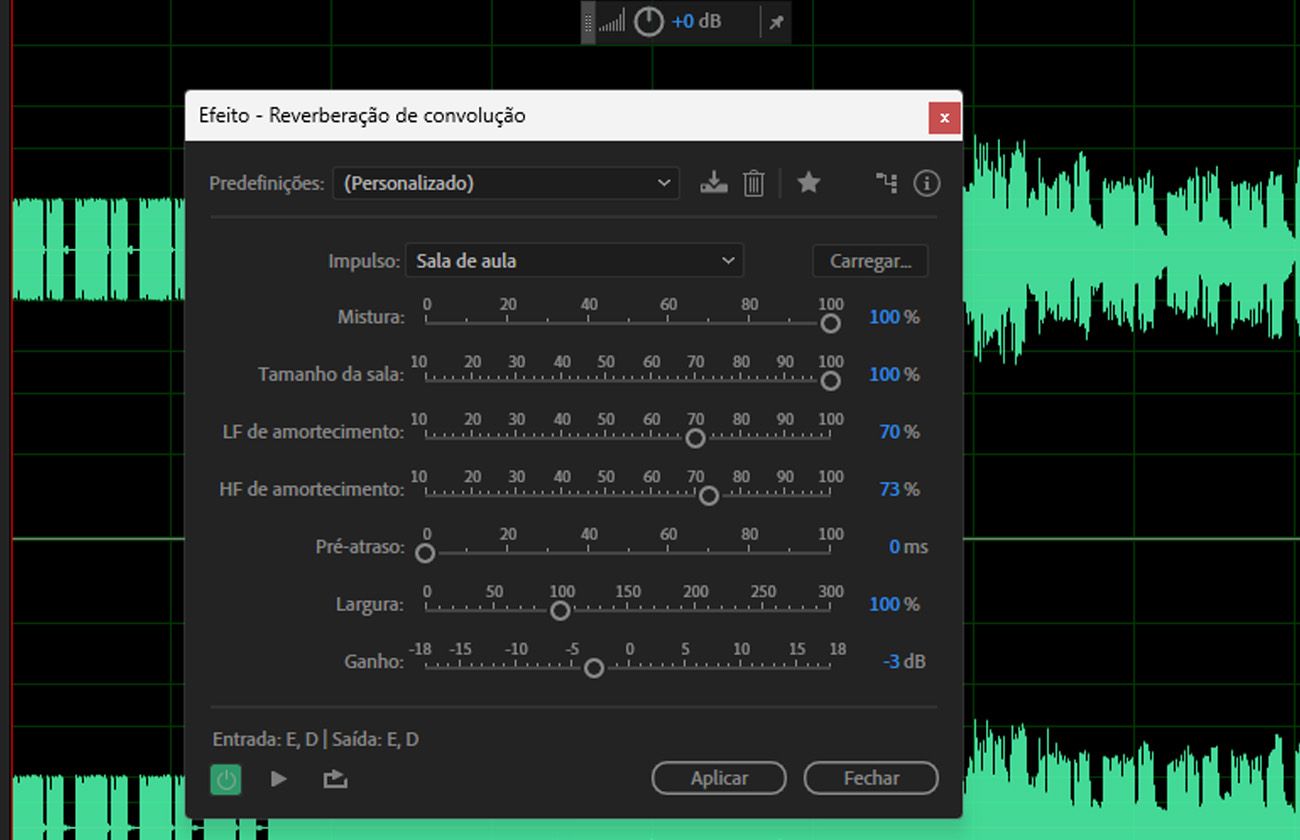 A caixa de diálogo do efeito de reverberação de convolução está aberta, com opções como impulso, mixagem, tamanho da sala e pré-atraso disponíveis.